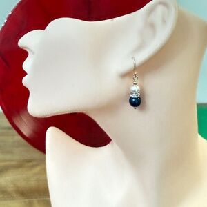 Midnight Blue Bling Dangle Drop Earrings Pearl, Crystal and Agate Beads